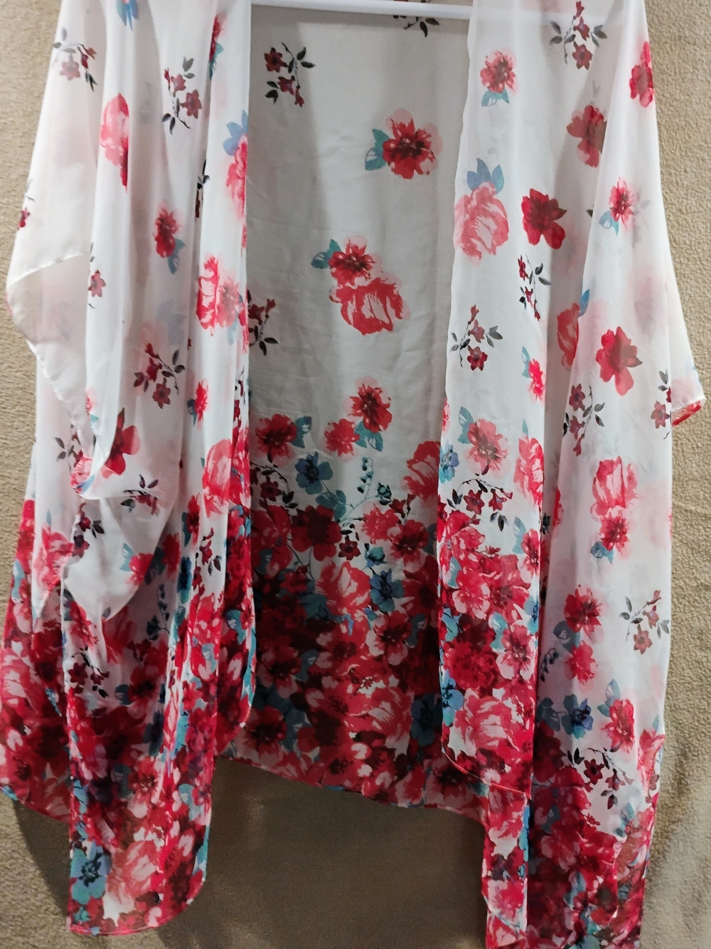 Sheer Floral Open-Front Tunic - White with Red Floral